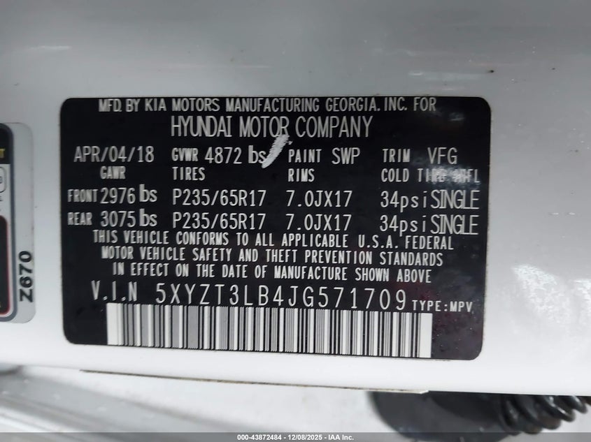 2018 Hyundai Santa Fe Sport 2.4L VIN: 5XYZT3LB4JG571709 Lot: 43872484