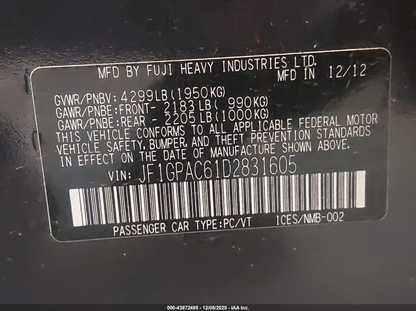 2013 Subaru Impreza 2.0I Premium VIN: JF1GPAC61D2831605 Lot: 43872485