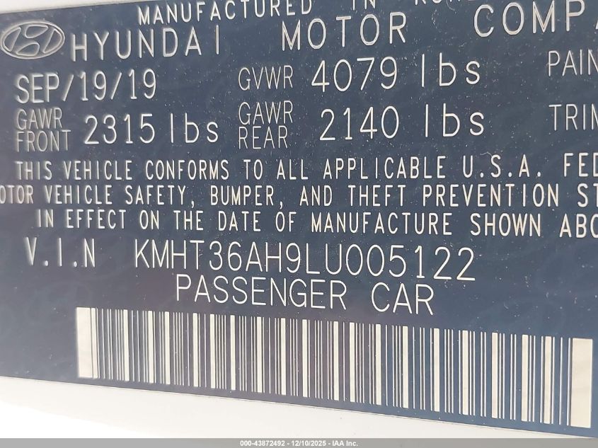 2020 Hyundai Veloster N VIN: KMHT36AH9LU005122 Lot: 43872492