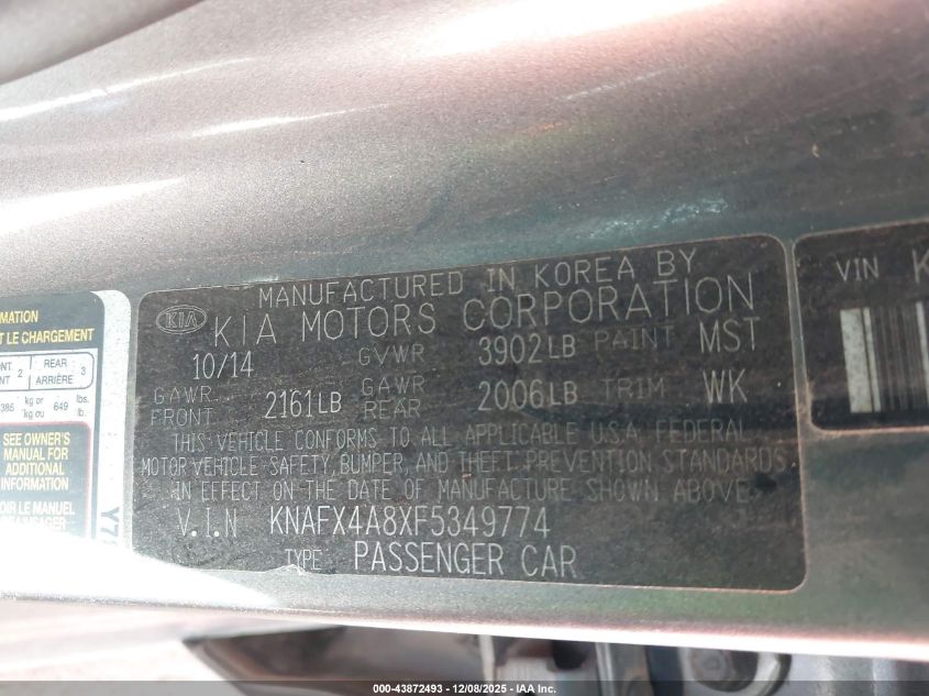 2015 Kia Forte Ex VIN: KNAFX4A8XF5349774 Lot: 43872493