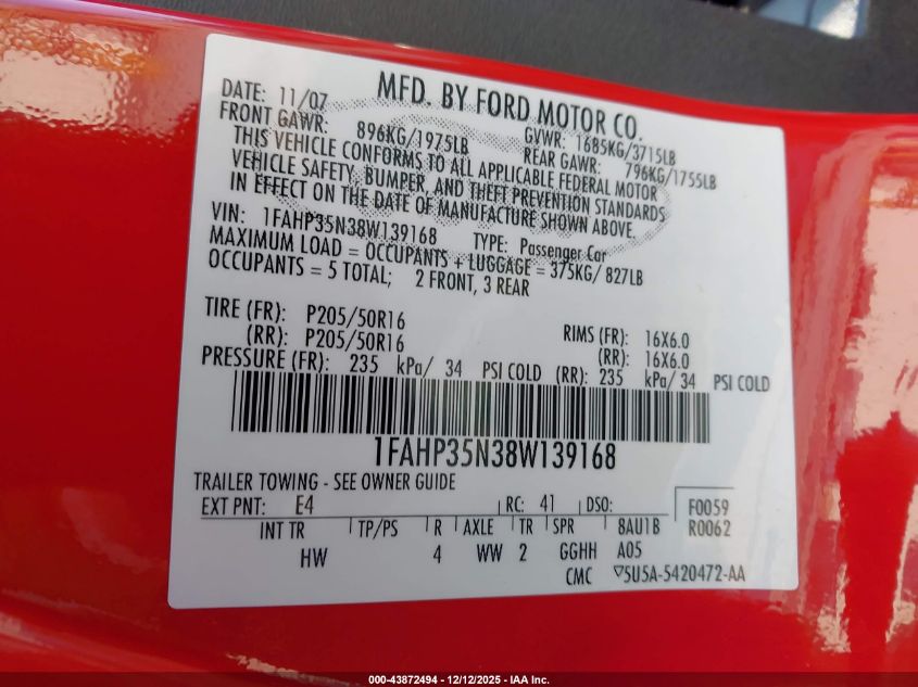 2008 Ford Focus Se/Ses VIN: 1FAHP35N38W139168 Lot: 43872494