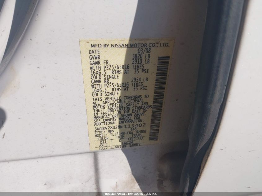 2008 Nissan Quest 3.5 S VIN: 5N1BV28U28N115402 Lot: 43872503