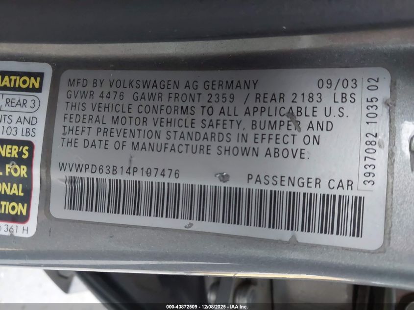 2004 Volkswagen Passat Gls VIN: WVWPD63B14P107476 Lot: 43872509