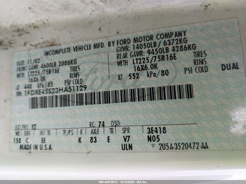 2003 Ford E-450 Cutaway Standard VIN: 1FDXE45S23HA51129 Lot: 43872513