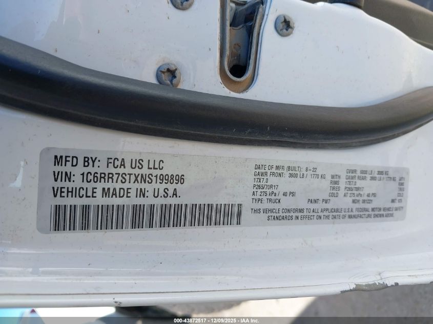 2022 Ram 1500 Classic Tradesman 4X4 6'4 Box VIN: 1C6RR7STXNS199896 Lot: 43872517
