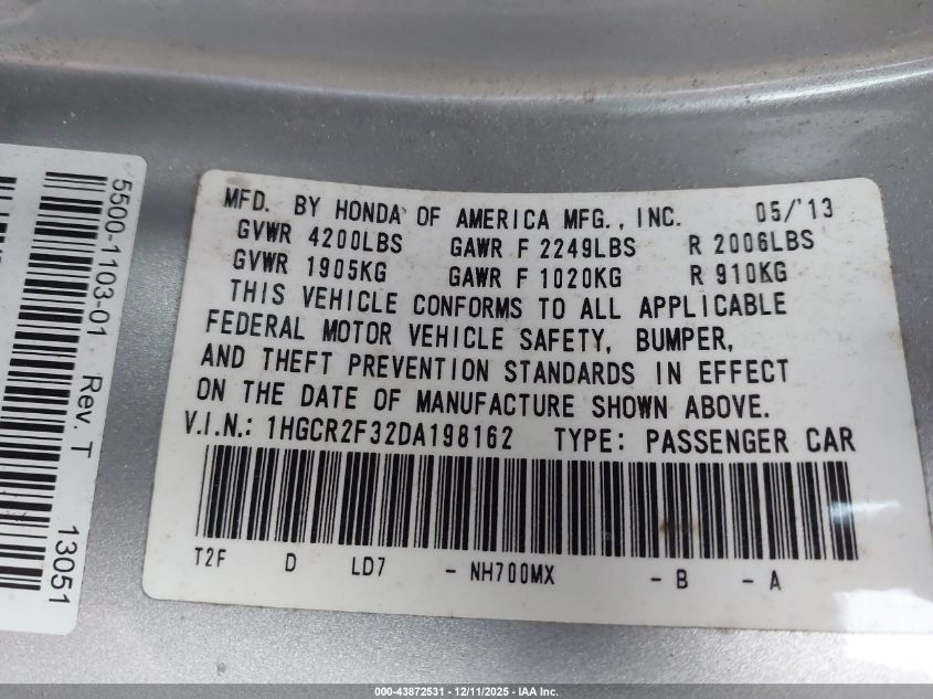 2013 Honda Accord Lx VIN: 1HGCR2F32DA198162 Lot: 43872531