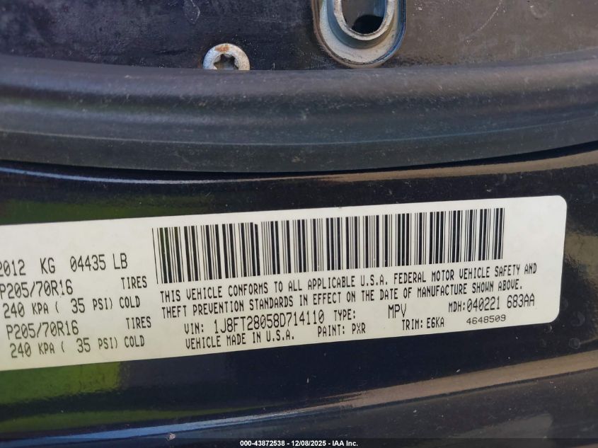 2008 Jeep Patriot Sport VIN: 1J8FT28058D714110 Lot: 43872538