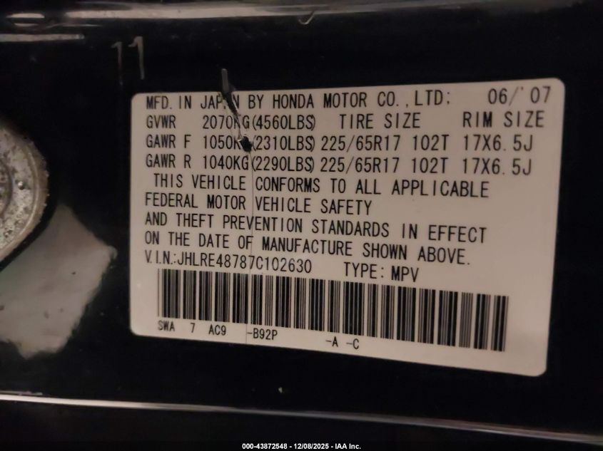 2007 Honda Cr-V Ex-L VIN: JHLRE48787C102630 Lot: 43872548
