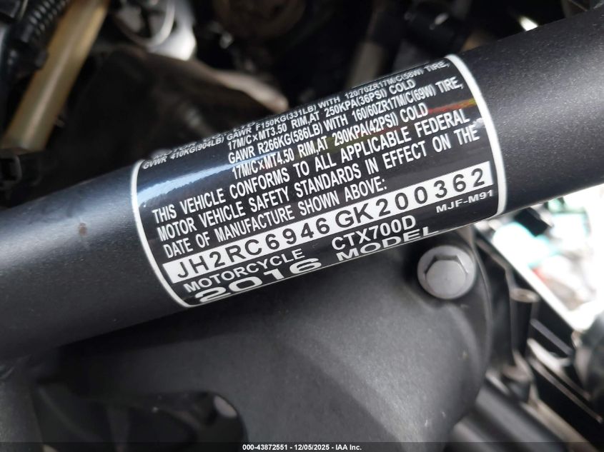 2016 Honda Ctx700 D VIN: JH2RC6946GK200362 Lot: 43872551
