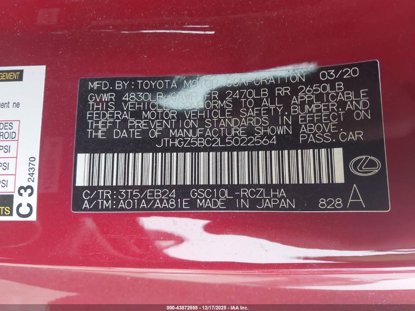 2020 Lexus Rc 350 F Sport VIN: JTHGZ5BC2L5022564 Lot: 43872558