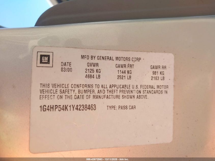 2000 Buick Lesabre Custom VIN: 1G4HP54K1Y4238463 Lot: 43872563