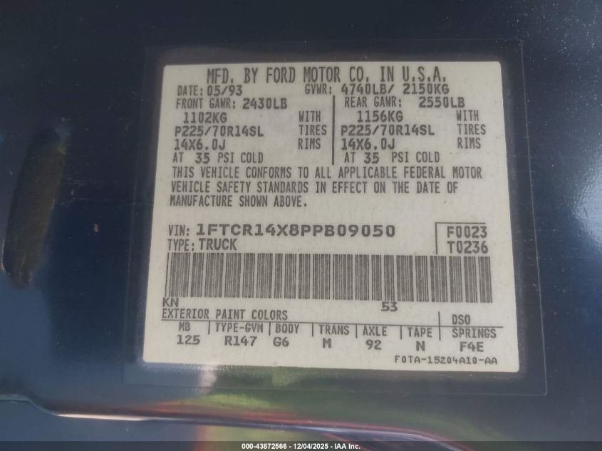 1993 Ford Ranger Super Cab VIN: 1FTCR14X8PPB09050 Lot: 43872566