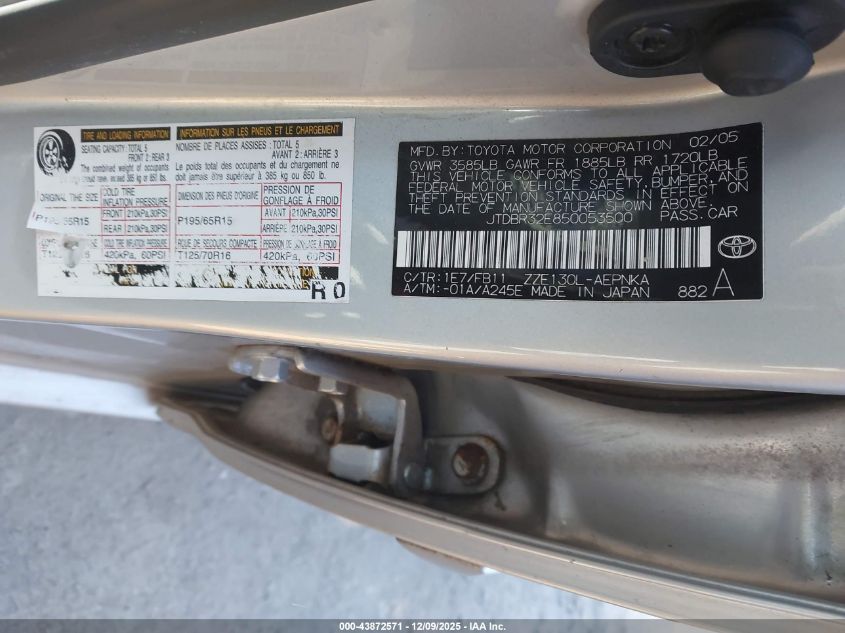 2005 Toyota Corolla Le VIN: JTDBR32E850053500 Lot: 43872571