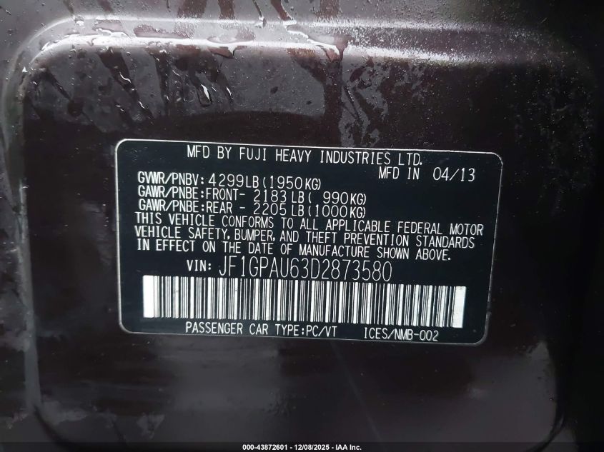 2013 Subaru Impreza 2.0I Sport Limited VIN: JF1GPAU63D2873580 Lot: 43872601