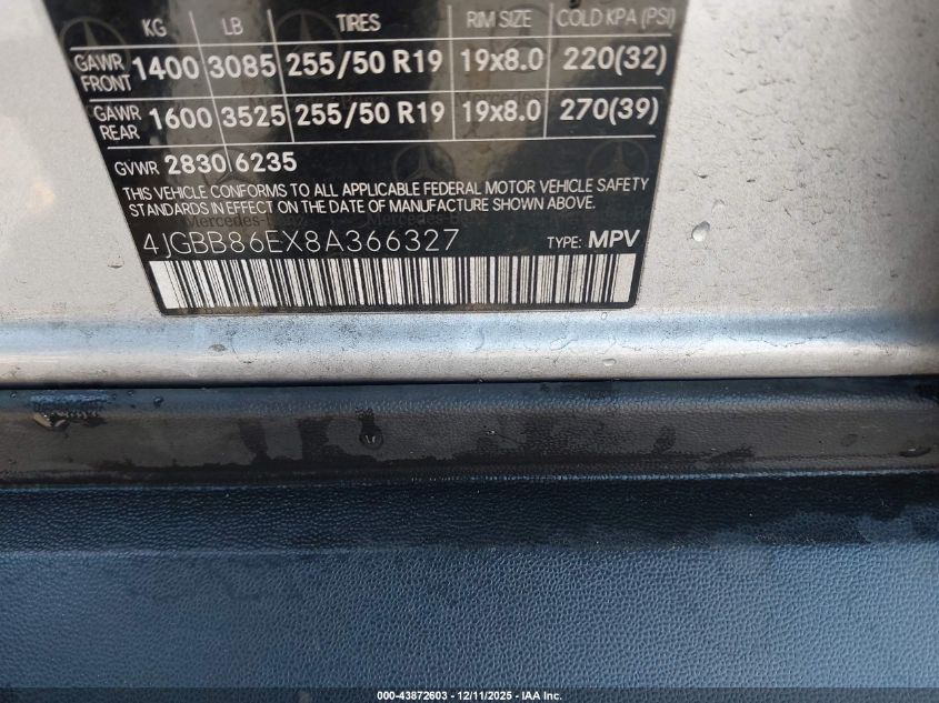 2008 Mercedes-Benz Ml 350 4Matic VIN: 4JGBB86EX8A366327 Lot: 43872603