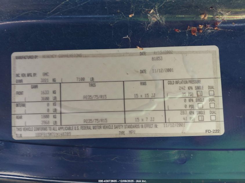 2002 GMC Savana Standard VIN: 1GDFG15M721148789 Lot: 43872605