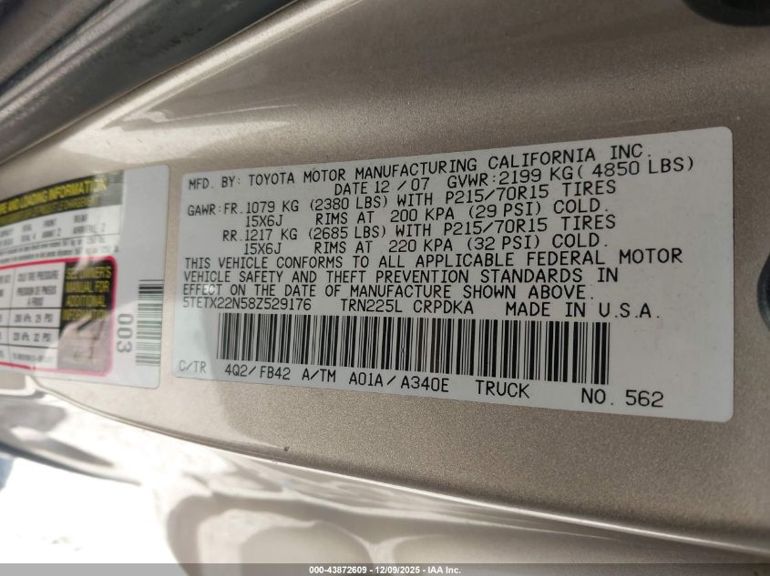 2008 Toyota Tacoma VIN: 5TETX22N58Z529176 Lot: 43872609