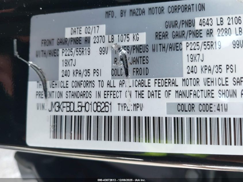2017 Mazda Cx-5 Grand Touring VIN: JM3KFBDL5H0106261 Lot: 43872613