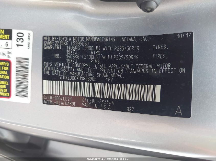 2017 Toyota Sienna Se Premium 8 Passenger VIN: 5TDXZ3DCXHS898965 Lot: 43872614