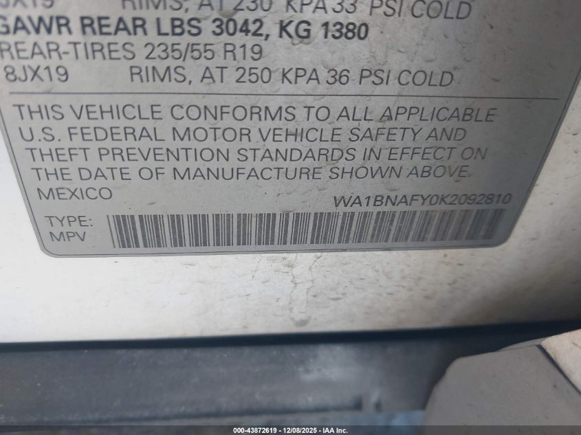 2019 Audi Q5 45 Premium VIN: WA1BNAFY0K2092810 Lot: 43872619