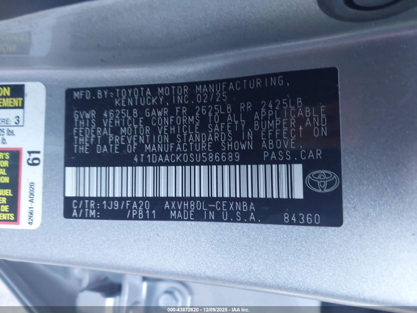 2025 Toyota Camry Le VIN: 4T1DAACK0SU586689 Lot: 43872620