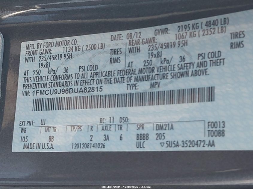 2013 Ford Escape Titanium VIN: 1FMCU9J96DUA82815 Lot: 43872631