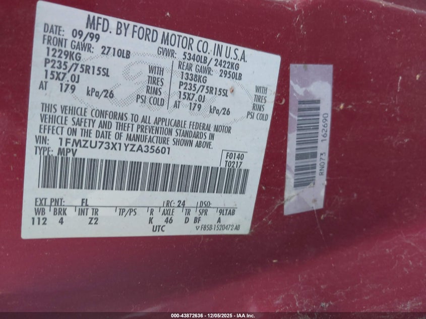 1FMZU73X1YZA35601 2000 FORD EXPLORER photo no. 9