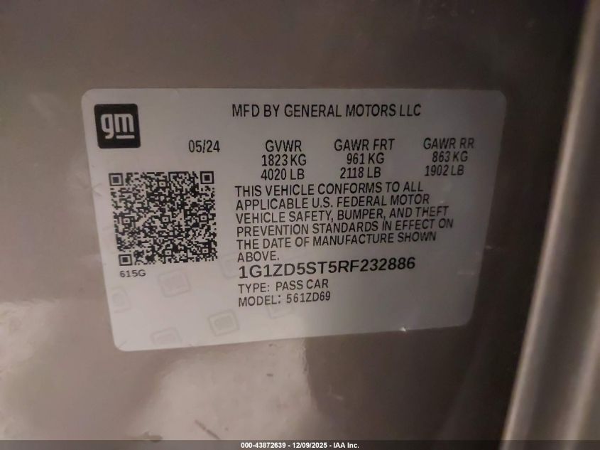 2024 Chevrolet Malibu Fwd 1Lt VIN: 1G1ZD5ST5RF232886 Lot: 43872639