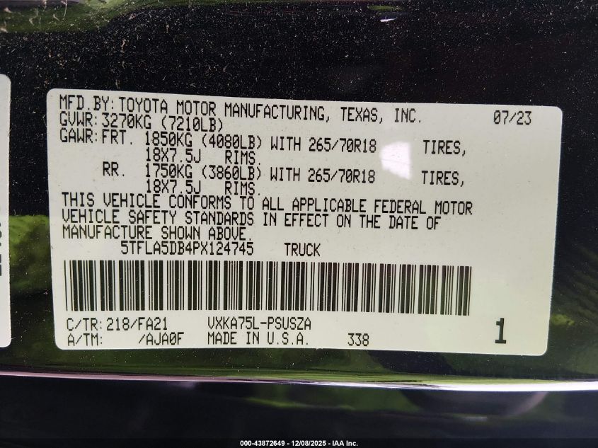 2023 Toyota Tundra Sr5 VIN: 5TFLA5DB4PX124745 Lot: 43872649