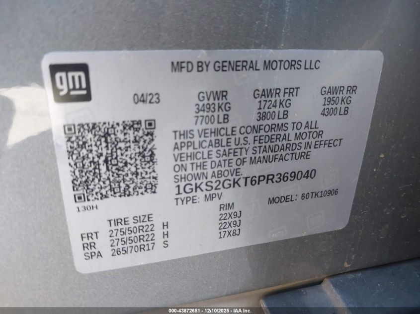 2023 GMC Yukon Xl 4Wd Slt VIN: 1GKS2GKT6PR369040 Lot: 43872651