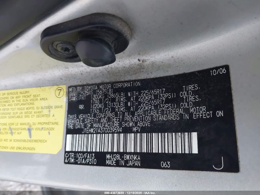 2007 Toyota Highlander Hybrid V6 VIN: JTEHW21A370039594 Lot: 43872659