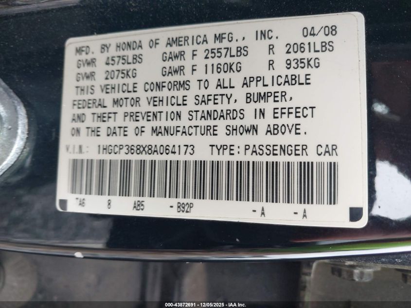 2008 Honda Accord 3.5 Ex-L VIN: 1HGCP368X8A064173 Lot: 43872691