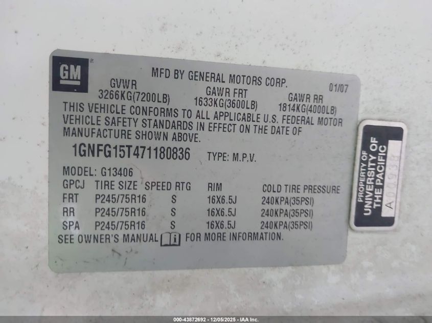 2007 Chevrolet Express Ls VIN: 1GNFG15T471180836 Lot: 43872692