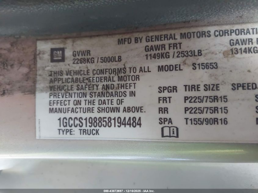 2005 Chevrolet Colorado Ls VIN: 1GCCS198858194484 Lot: 43872697