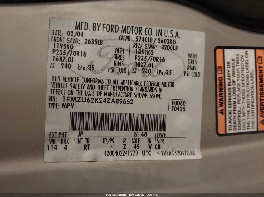 2004 Ford Explorer Xls VIN: 1FMZU62K24ZA89662 Lot: 43872703