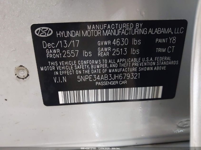 2018 Hyundai Sonata Sport 2.0T VIN: 5NPE34AB3JH679321 Lot: 43872709