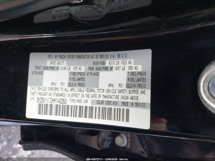 2017 Mazda Mazda3 Touring VIN: 3MZBN1V72HM149358 Lot: 43872711