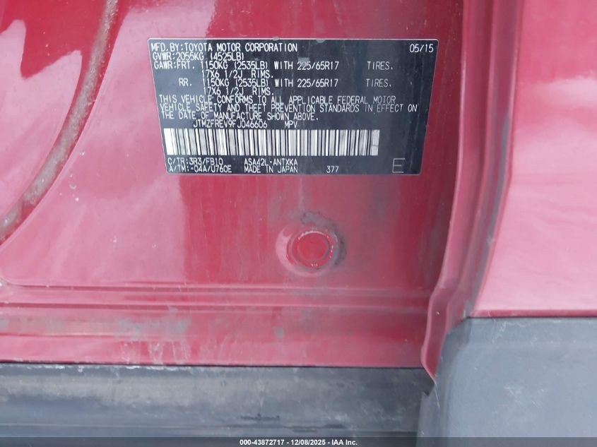 2015 Toyota Rav4 Le VIN: JTMZFREV9FJ046606 Lot: 43872717