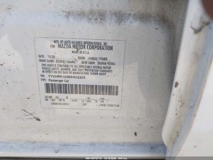 2009 Mazda Mazda6 I Sport VIN: 1YVHP81A895M32205 Lot: 43872718