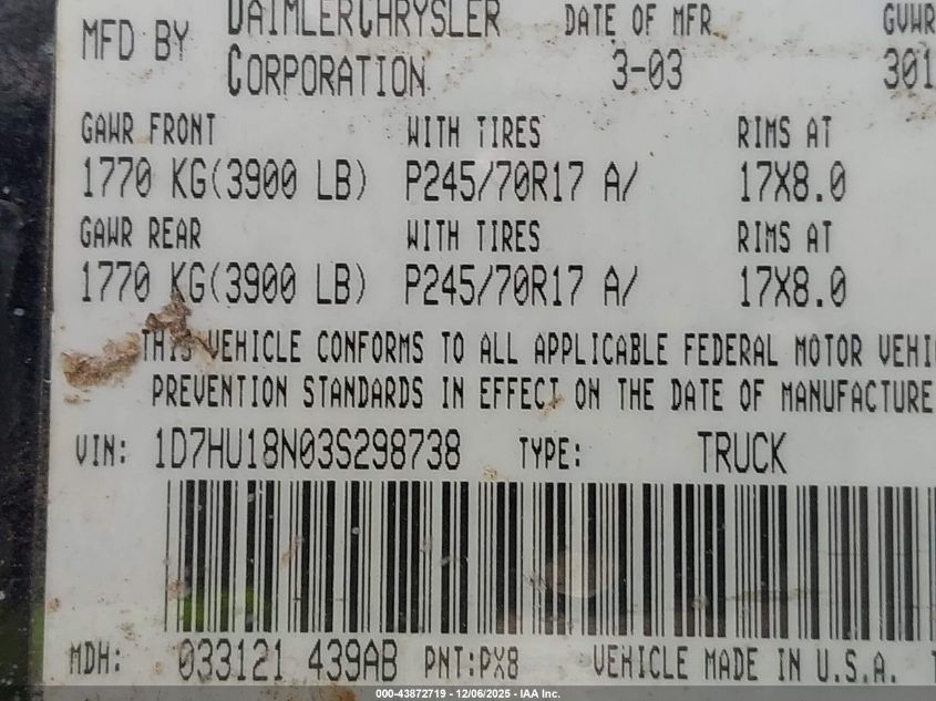 2003 Dodge Ram 1500 Slt/Laramie/St VIN: 1D7HU18N03S298738 Lot: 43872719