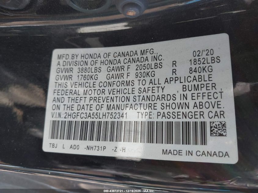 2020 Honda Civic Si Coupe VIN: 2HGFC3A55LH752341 Lot: 43872721