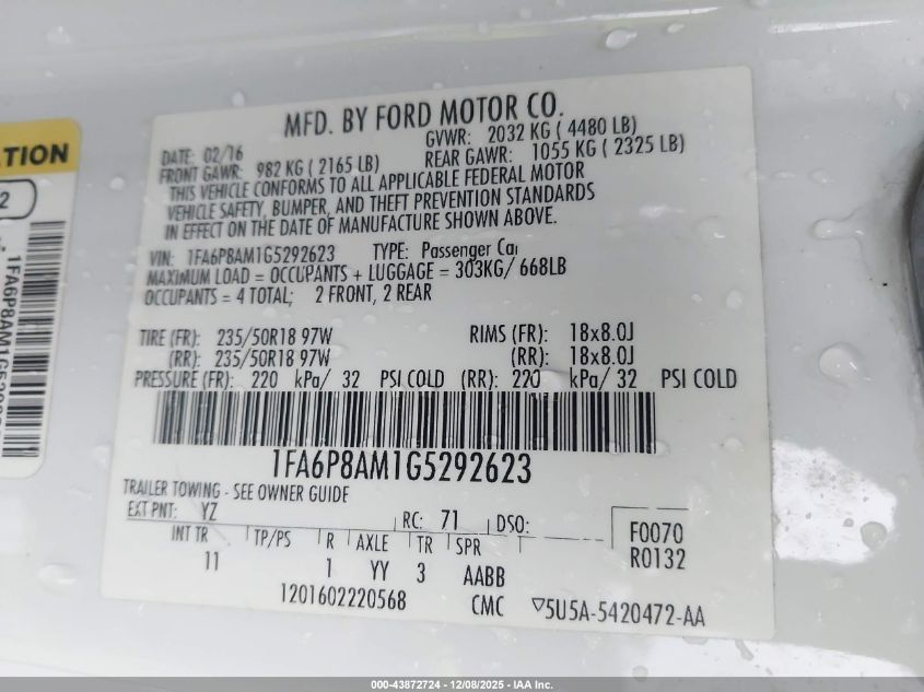 2016 Ford Mustang V6 VIN: 1FA6P8AM1G5292623 Lot: 43872724