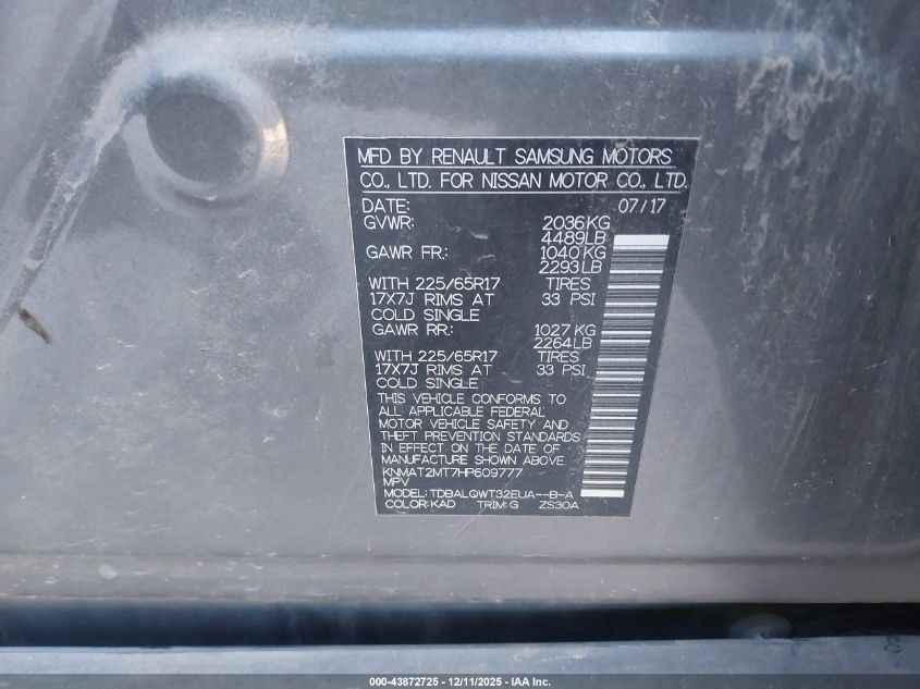 2017 Nissan Rogue Sv VIN: KNMAT2MT7HP609777 Lot: 43872725