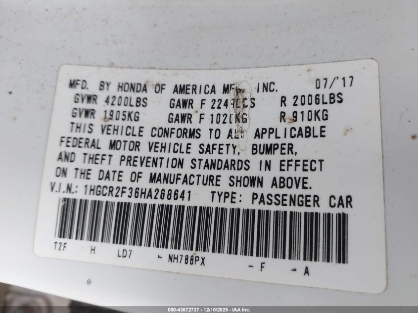 2017 Honda Accord Lx VIN: 1HGCR2F36HA268641 Lot: 43872727