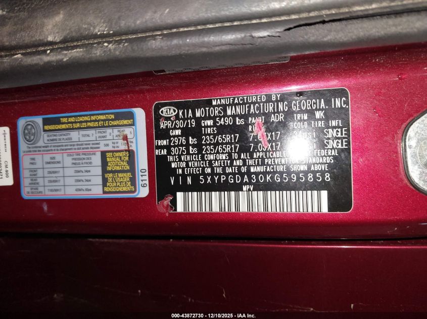 2019 Kia Sorento 2.4L Lx VIN: 5XYPGDA30KG595858 Lot: 43872730