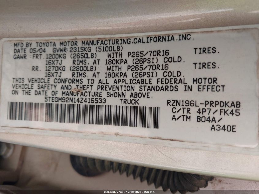 2004 Toyota Tacoma Prerunner VIN: 5TEGM92N14Z416533 Lot: 43872739