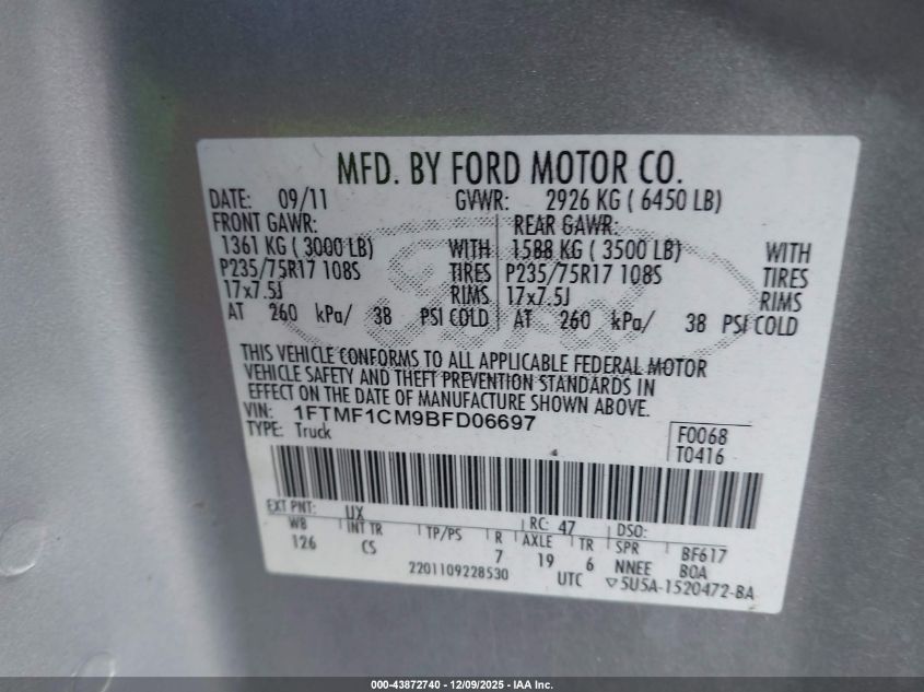 2011 Ford F-150 Xl VIN: 1FTMF1CM9BFD06697 Lot: 43872740