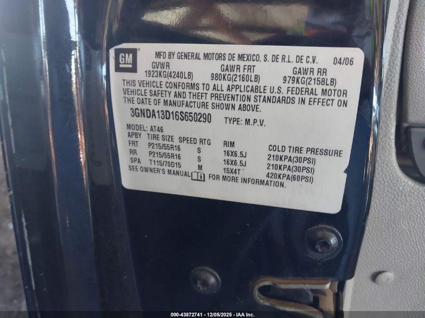 2006 Chevrolet Hhr Ls VIN: 3GNDA13D16S650290 Lot: 43872741