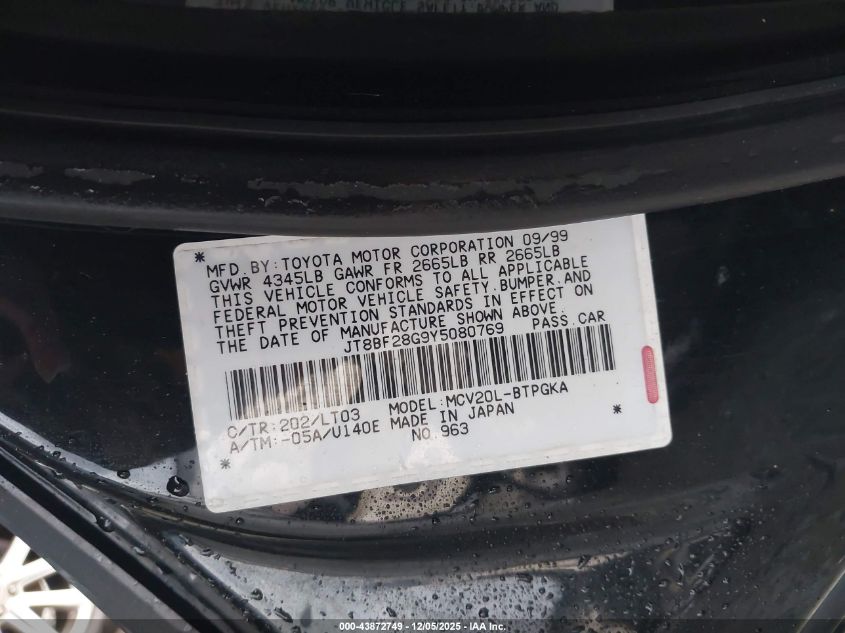 2000 Lexus Es 300 VIN: JT8BF28G9Y5080769 Lot: 43872749