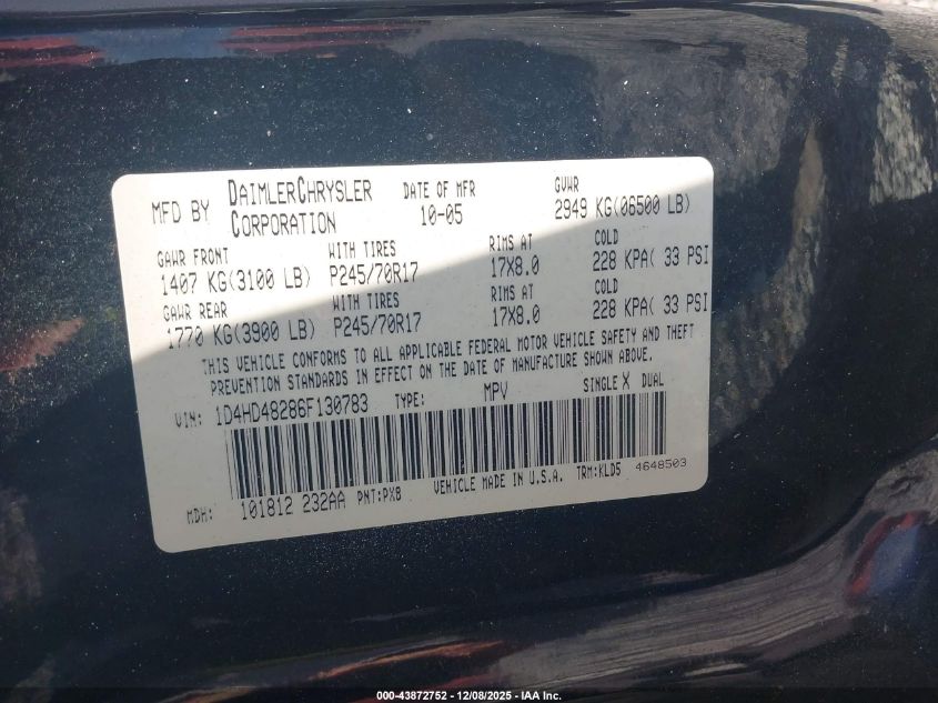 2006 Dodge Durango Slt VIN: 1D4HD48286F130783 Lot: 43872752